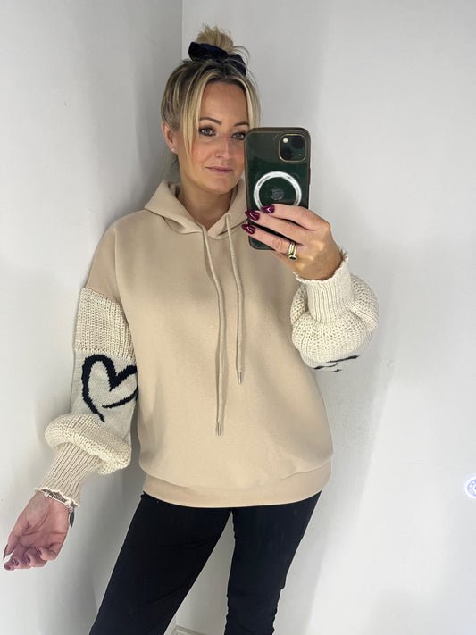 Beige Heart Sleeve Fleeced Hoddie