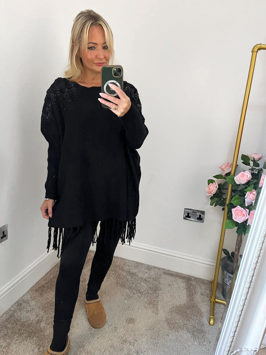 Black Diamante Embellished Tassel Jumper