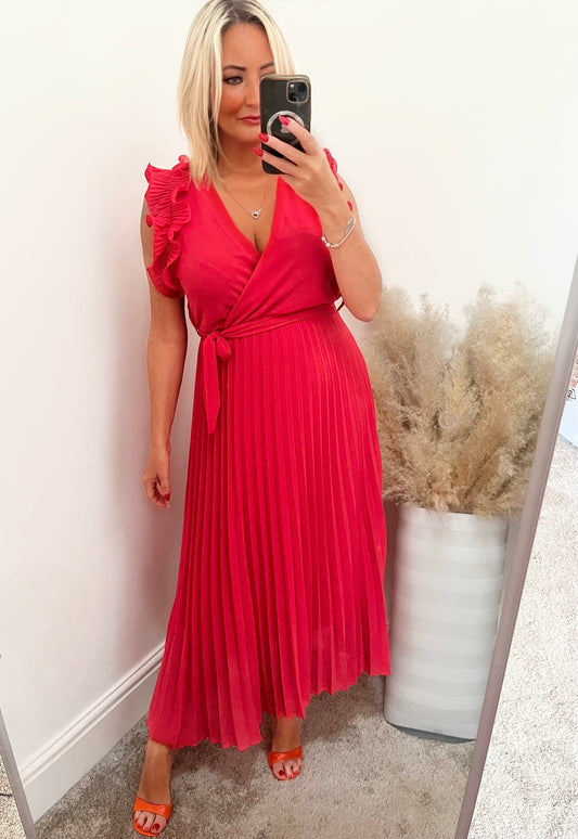 Raspberry Ruffle Sleeve, Pleated Dress