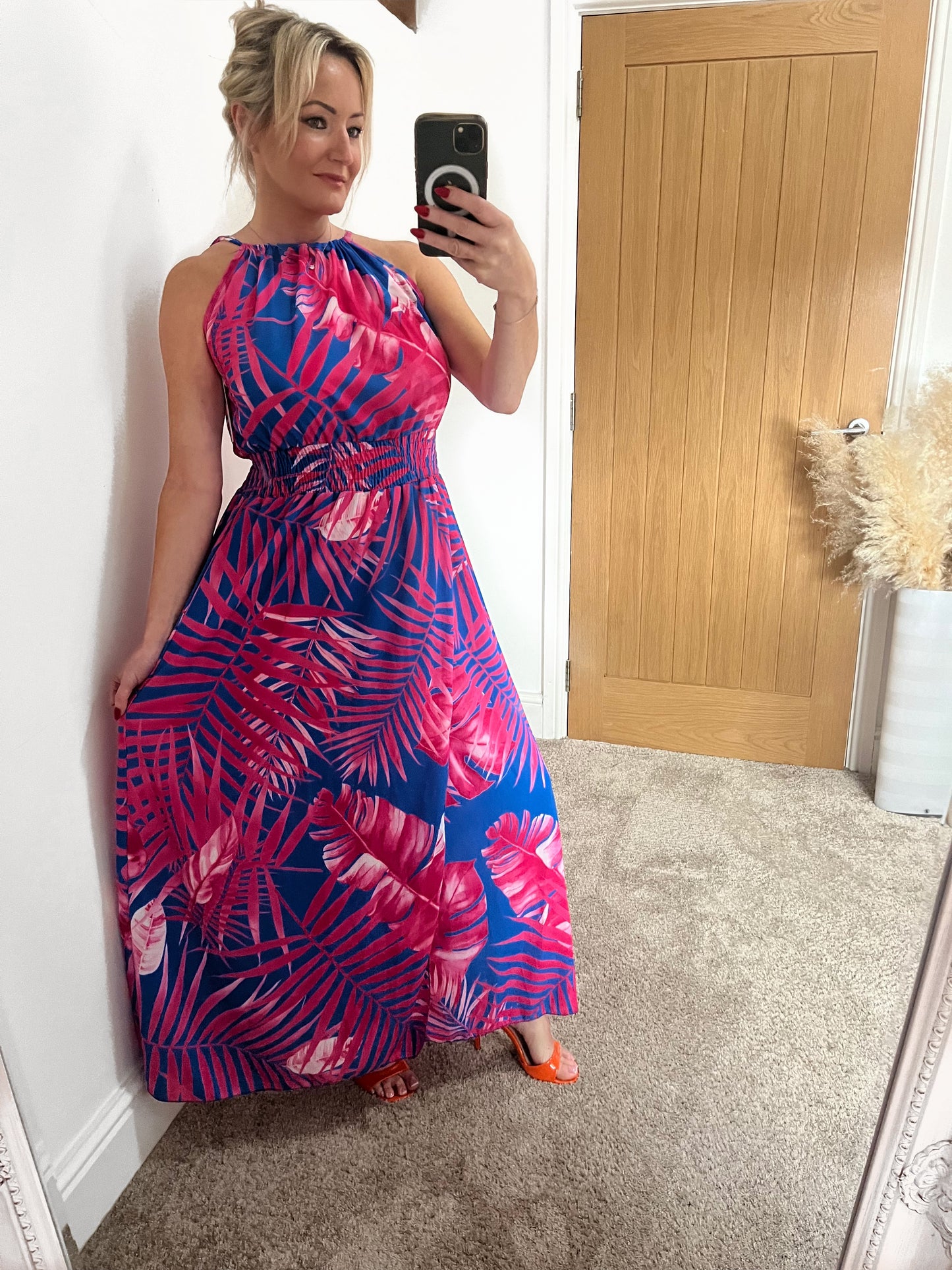 Fuschia Leaf Print Side Split Maxi Dress