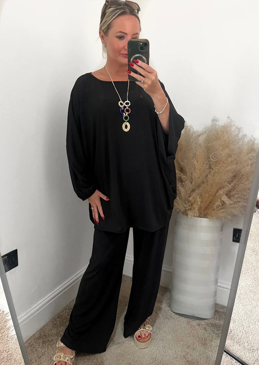 Luxe Oversized Co-Ord Set with Necklace - Black