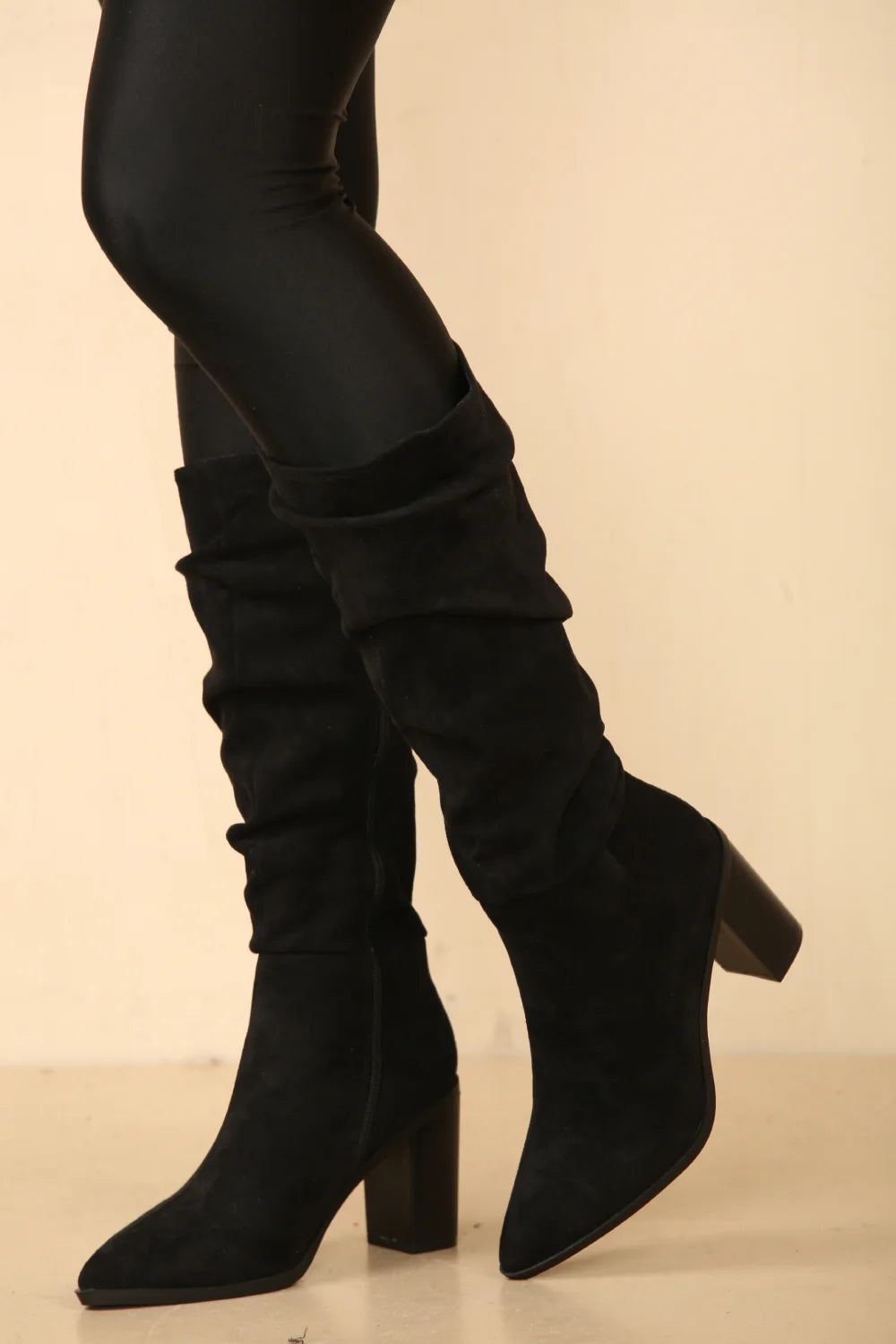 Knee High Black Suede Slouch Block Heel Boot