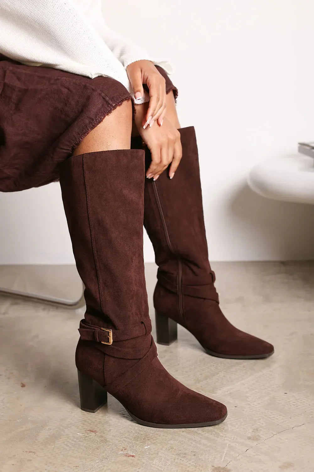 Chocolate Suede Knee High Block Heel Boots