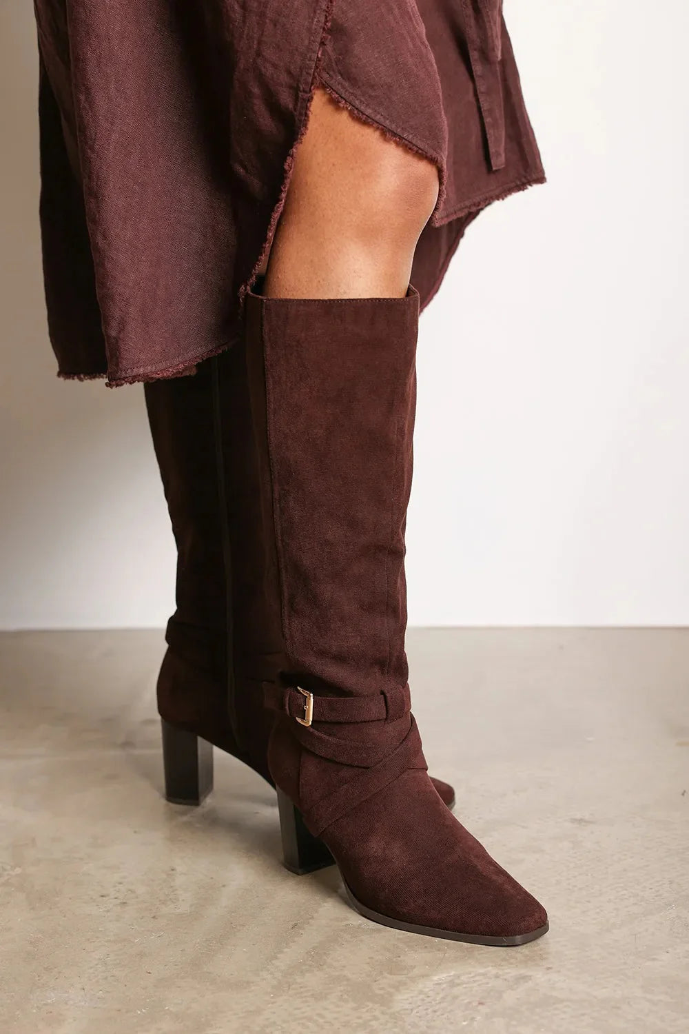 Chocolate Suede Knee High Block Heel Boots