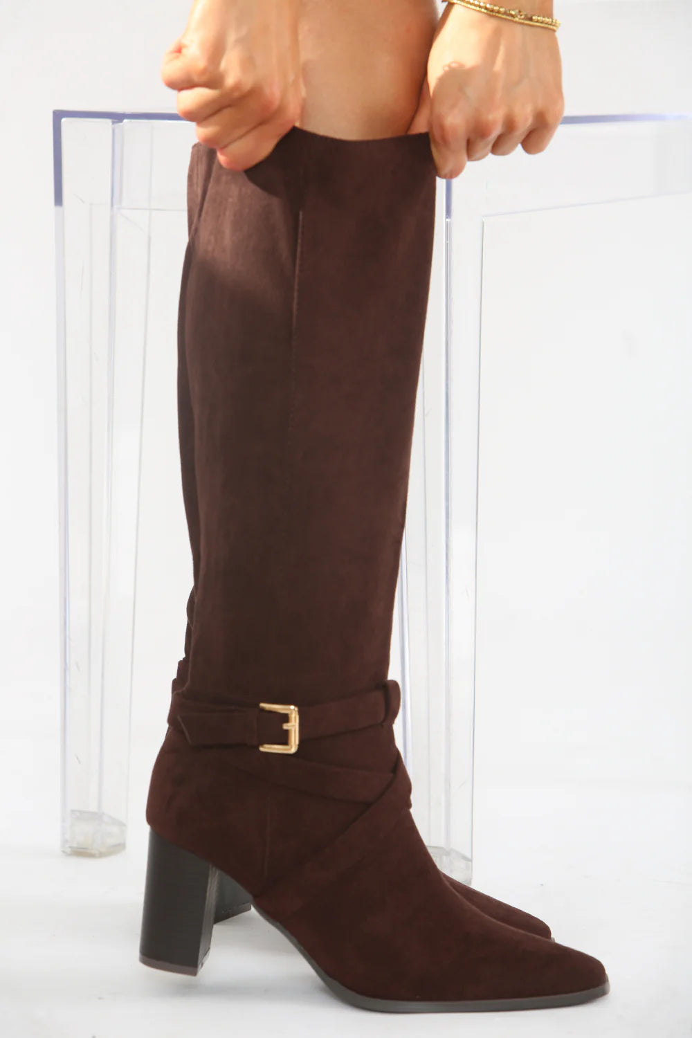 Chocolate Suede Knee High Block Heel Boots