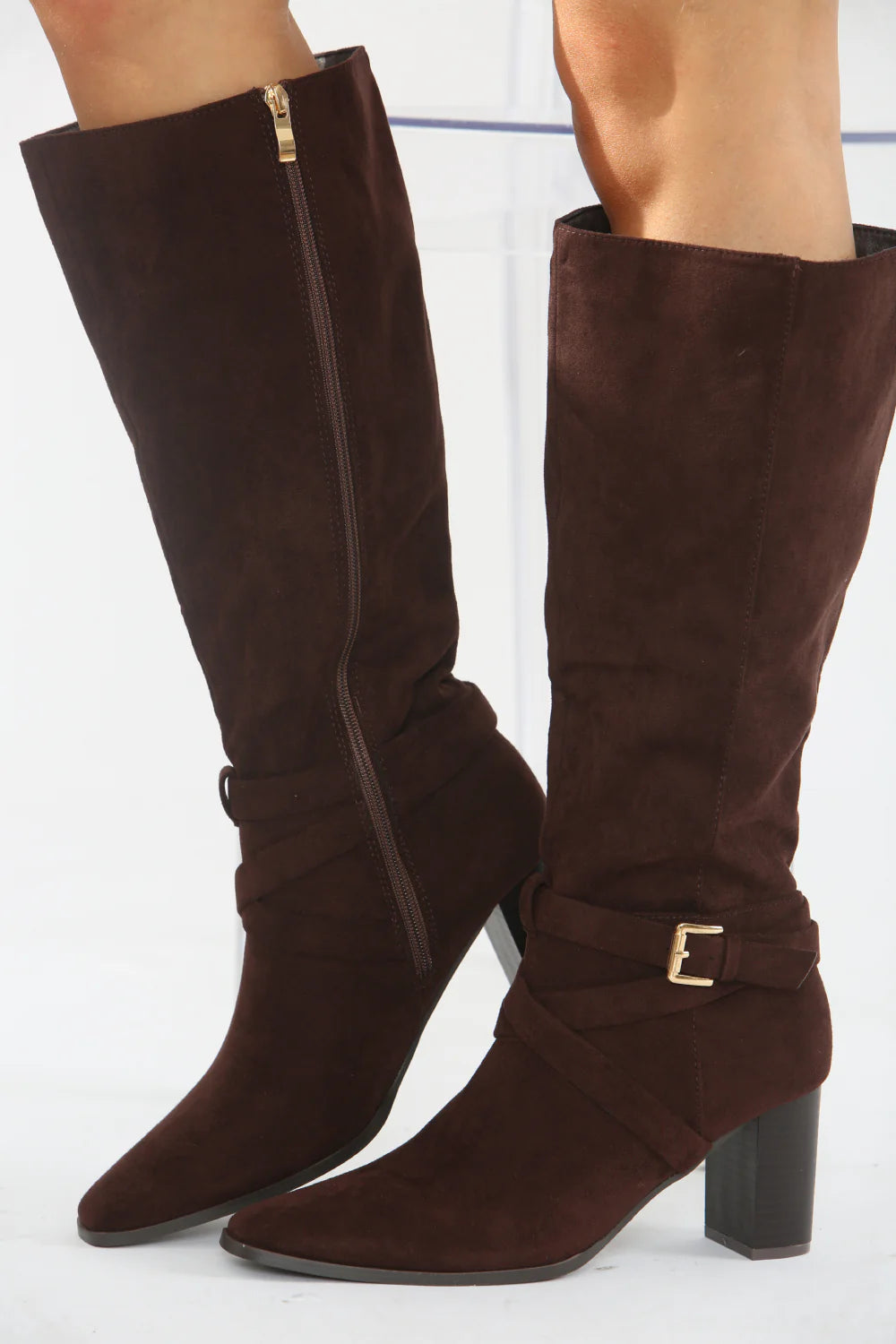 Chocolate Suede Knee High Block Heel Boots