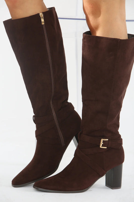 Chocolate Suede Knee High Block Heel Boots