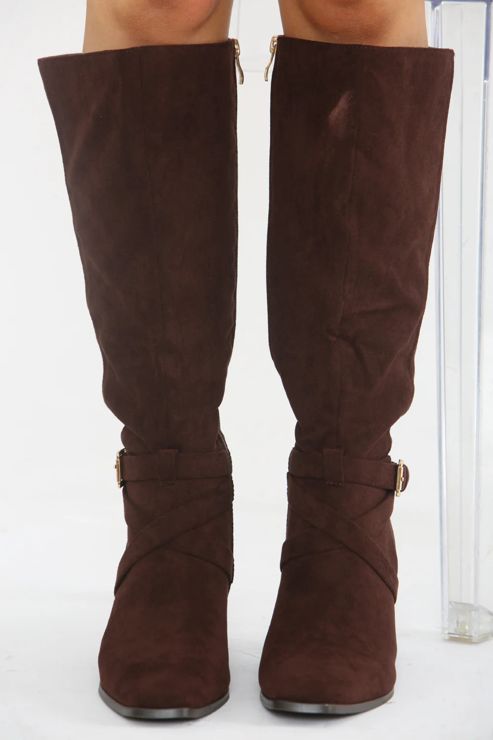 Chocolate Suede Knee High Block Heel Boots