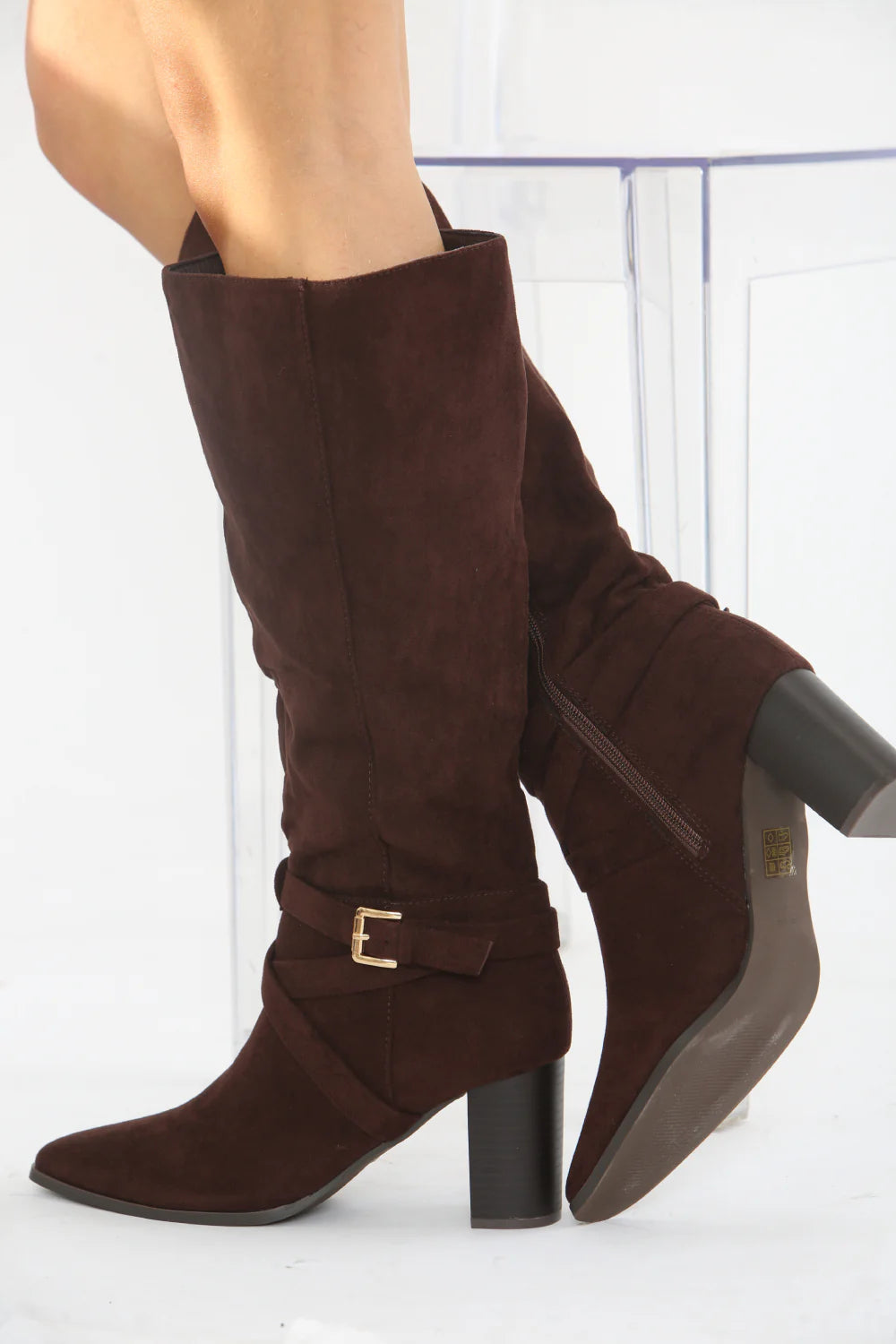 Chocolate Suede Knee High Block Heel Boots