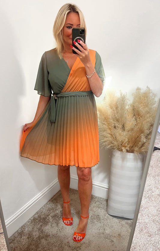 Sunset Ombré Pleated A Line Dress - Orange/Green