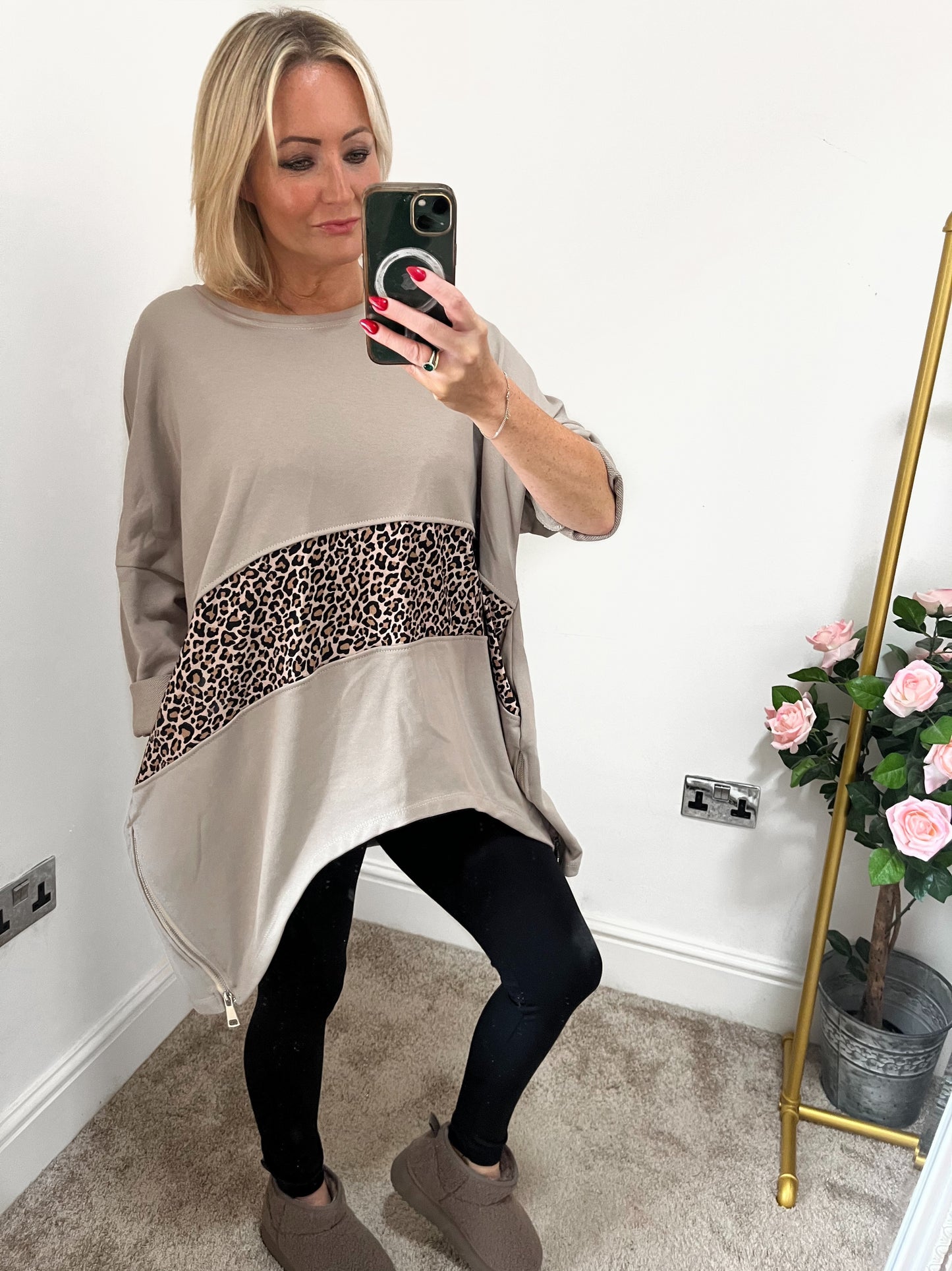 Oversized Leopard Trim Sweater - Taupe