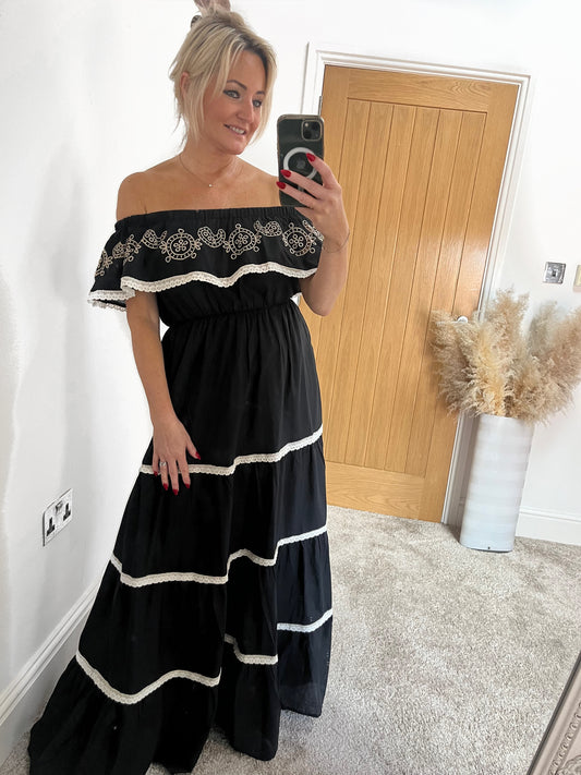 Off The Shoulder Black Cream Maxi Dress