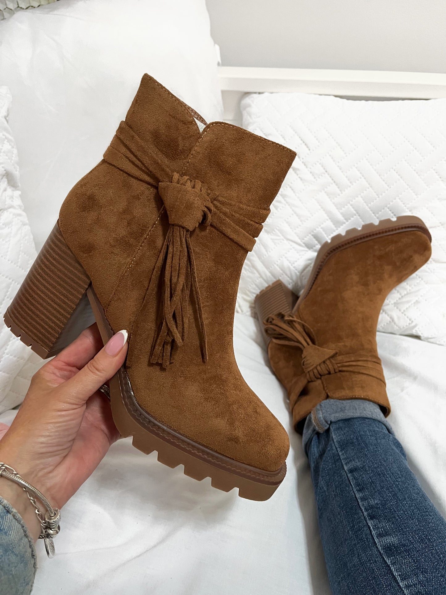 Tassel Chunky Suedette Block Boots - Camel