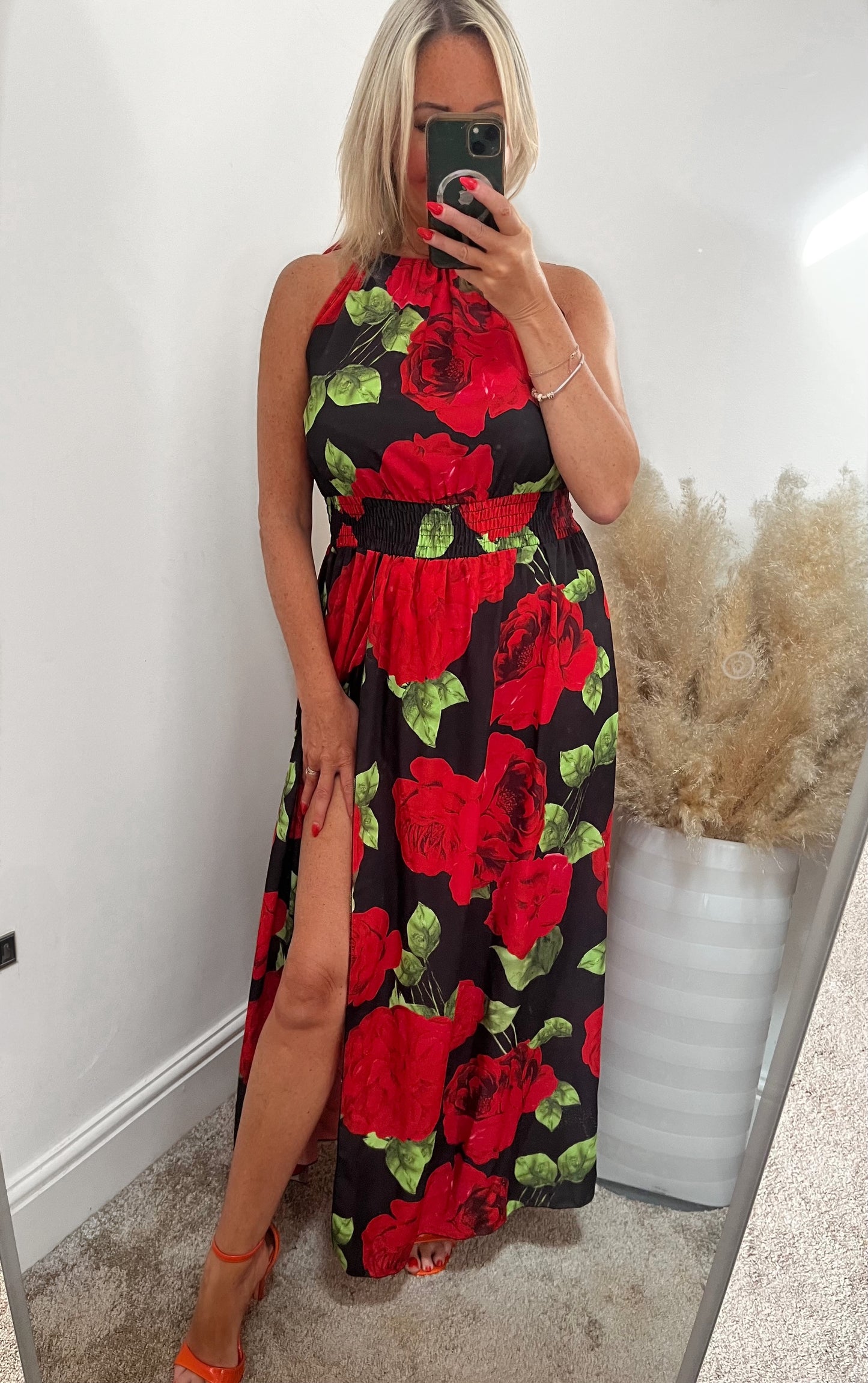 Red Flower Print Side Split Maxi Dress