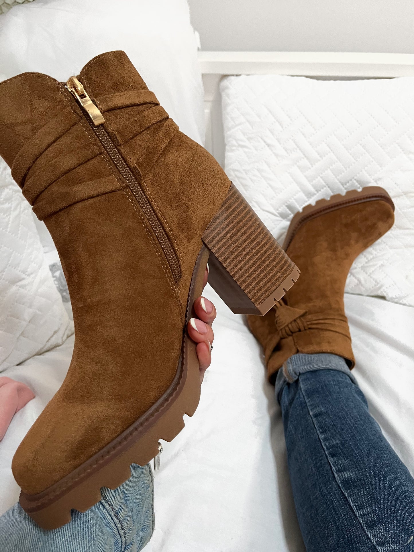 Tassel Chunky Suedette Block Boots - Camel