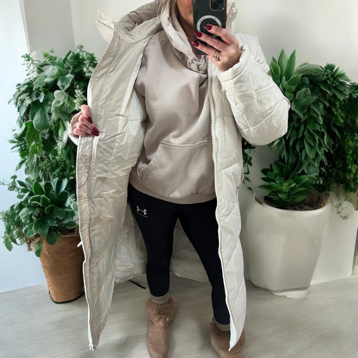 Insulated Long Quilted Coat - Cream