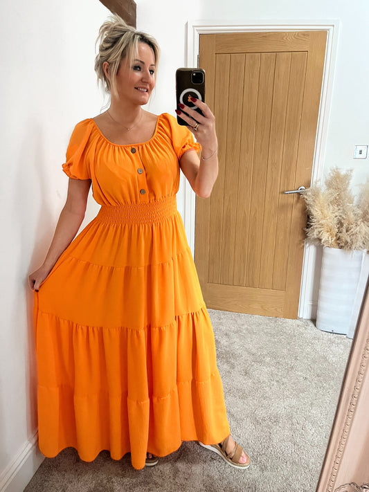 Orange Shirred Waist Maxi Dress