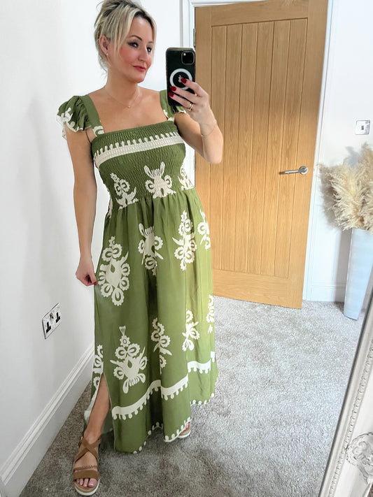 Sage Green/ Cream Shirred Maxi Dress