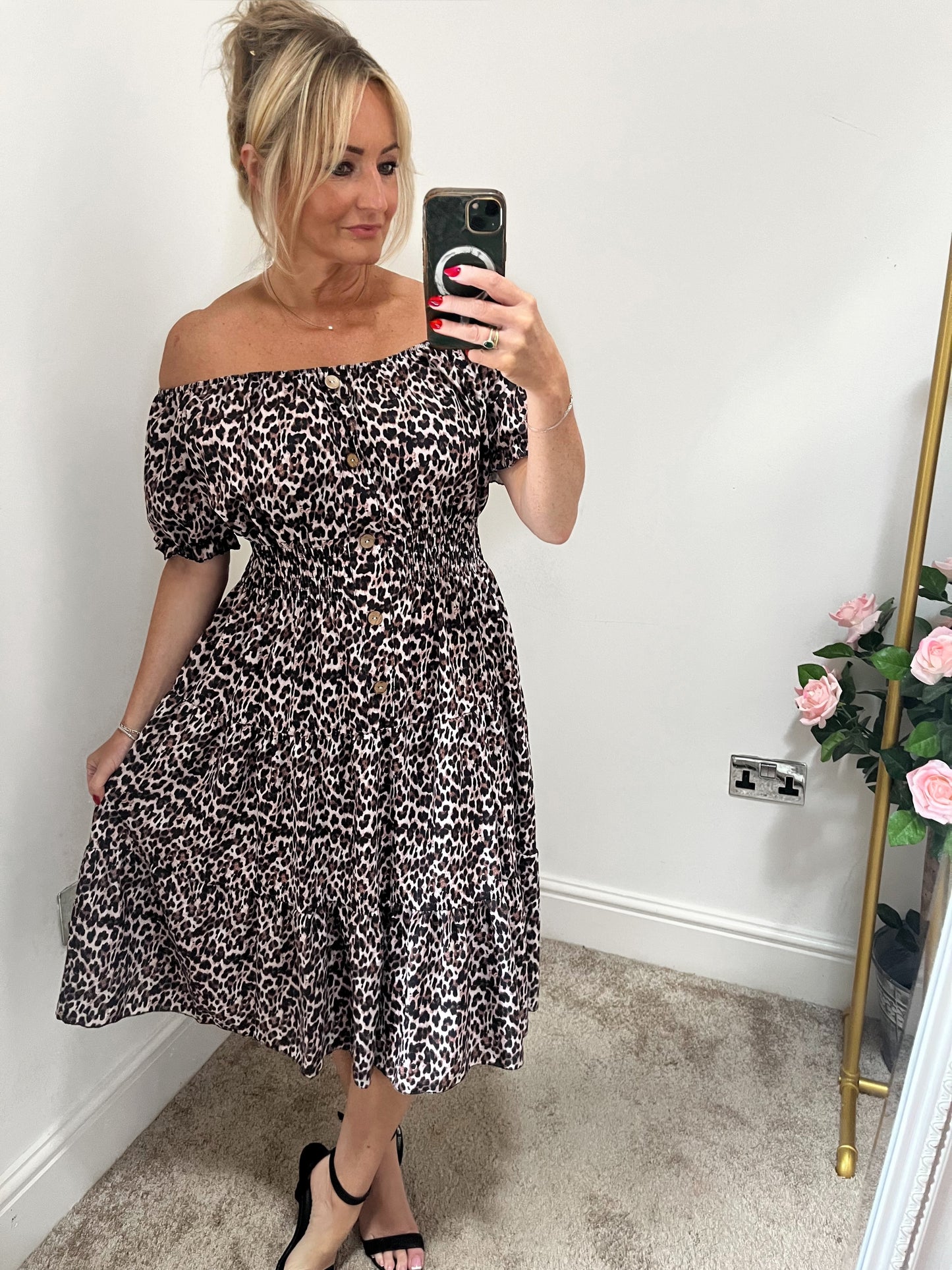 Leopard Shirred Waist Midi Dress