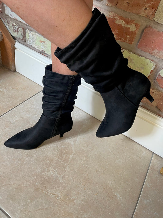 Black Rouched 3/4 Kitten Heel Boots
