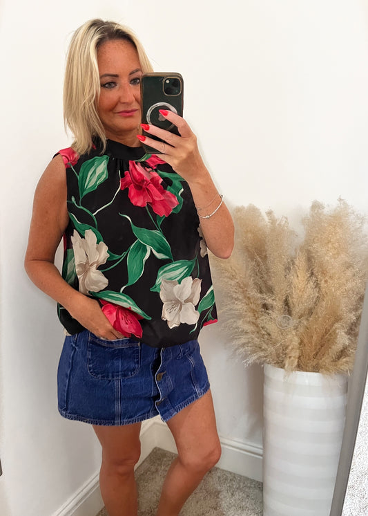 Floral Bubble Hem Blouse - Black/Pink