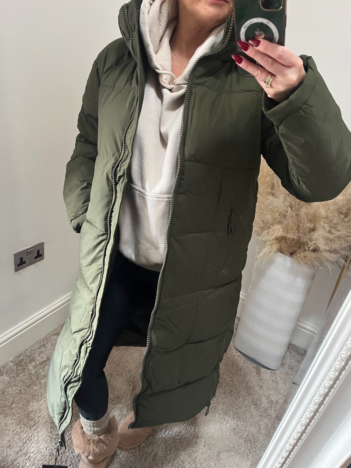 Insulated Quilted Long Coat - Khaki