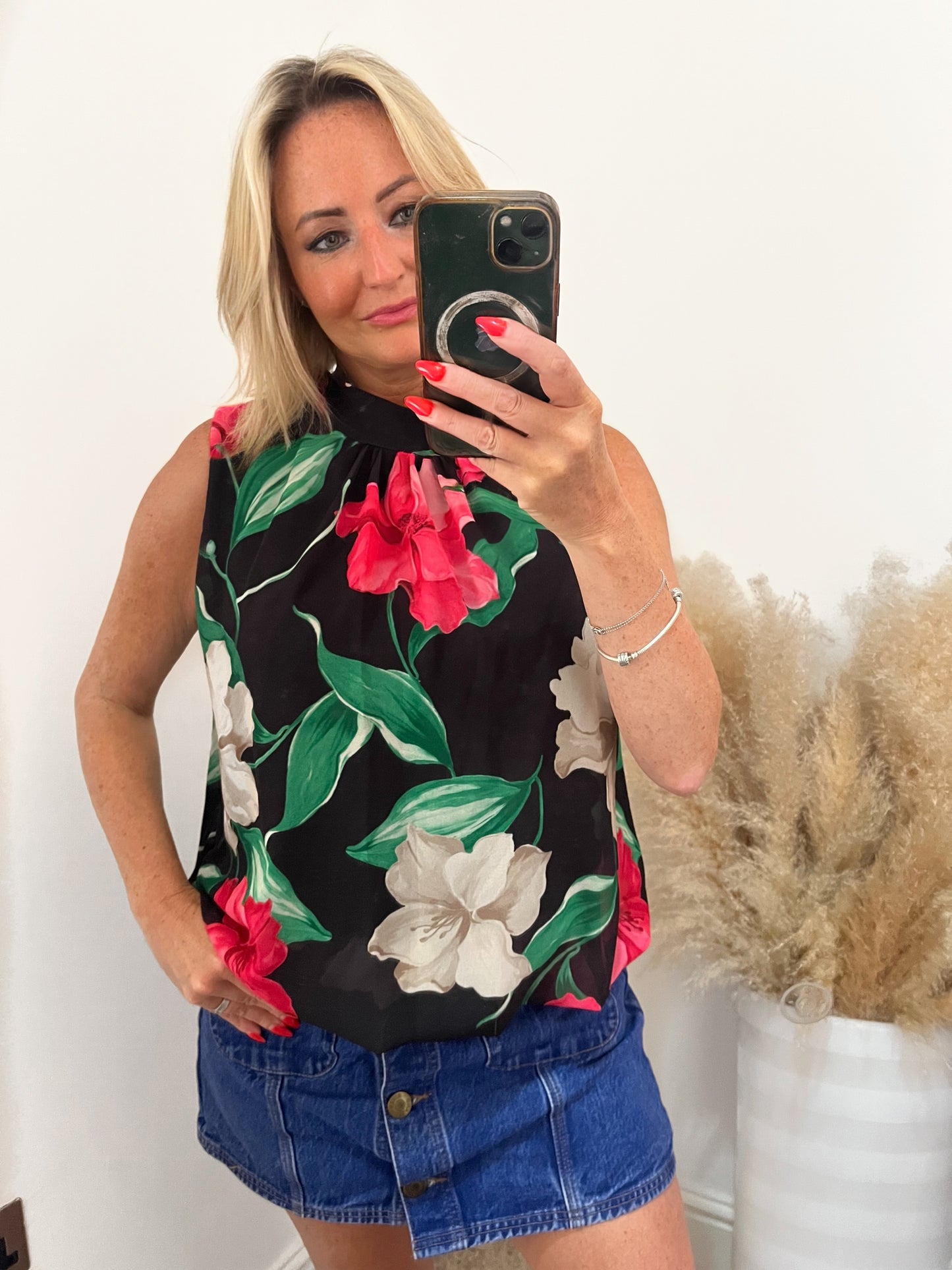 Floral Bubble Hem Blouse - Black/Pink