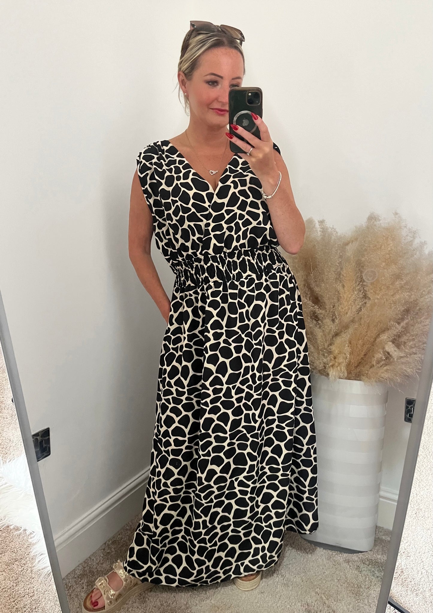 Plus Size Abstract Maxi Shirred Waist Dress Black/Cream