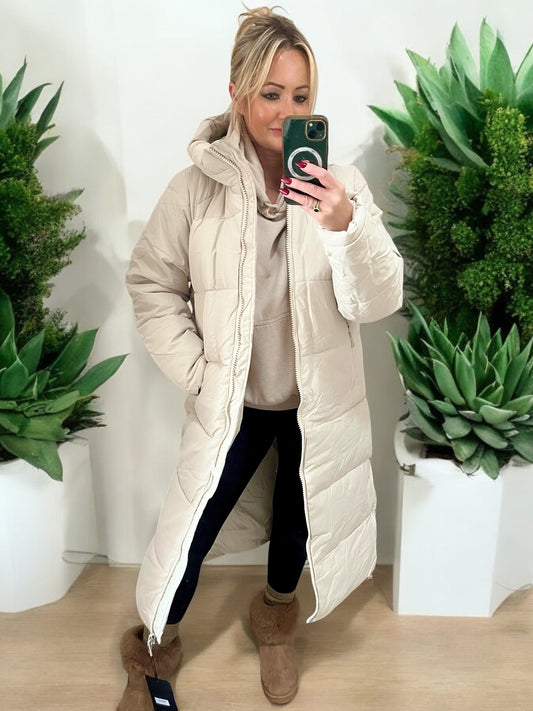 Insulated Long Quilted Coat - Cream