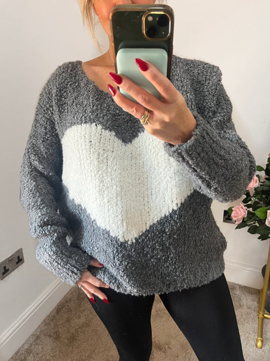 Grey Heart Chunky Jumper