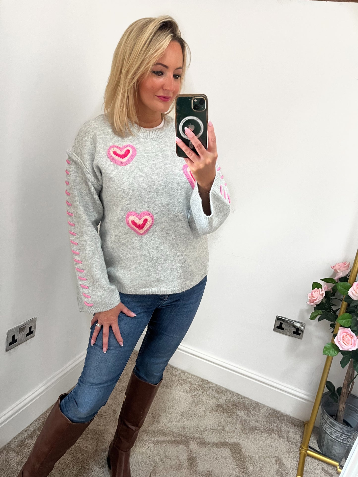 Pink Heart Jumper - Light Grey