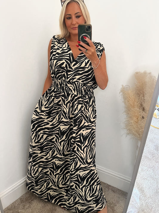 Plus Size Zebra  Maxi Shirred Waist Dress Black/Cream