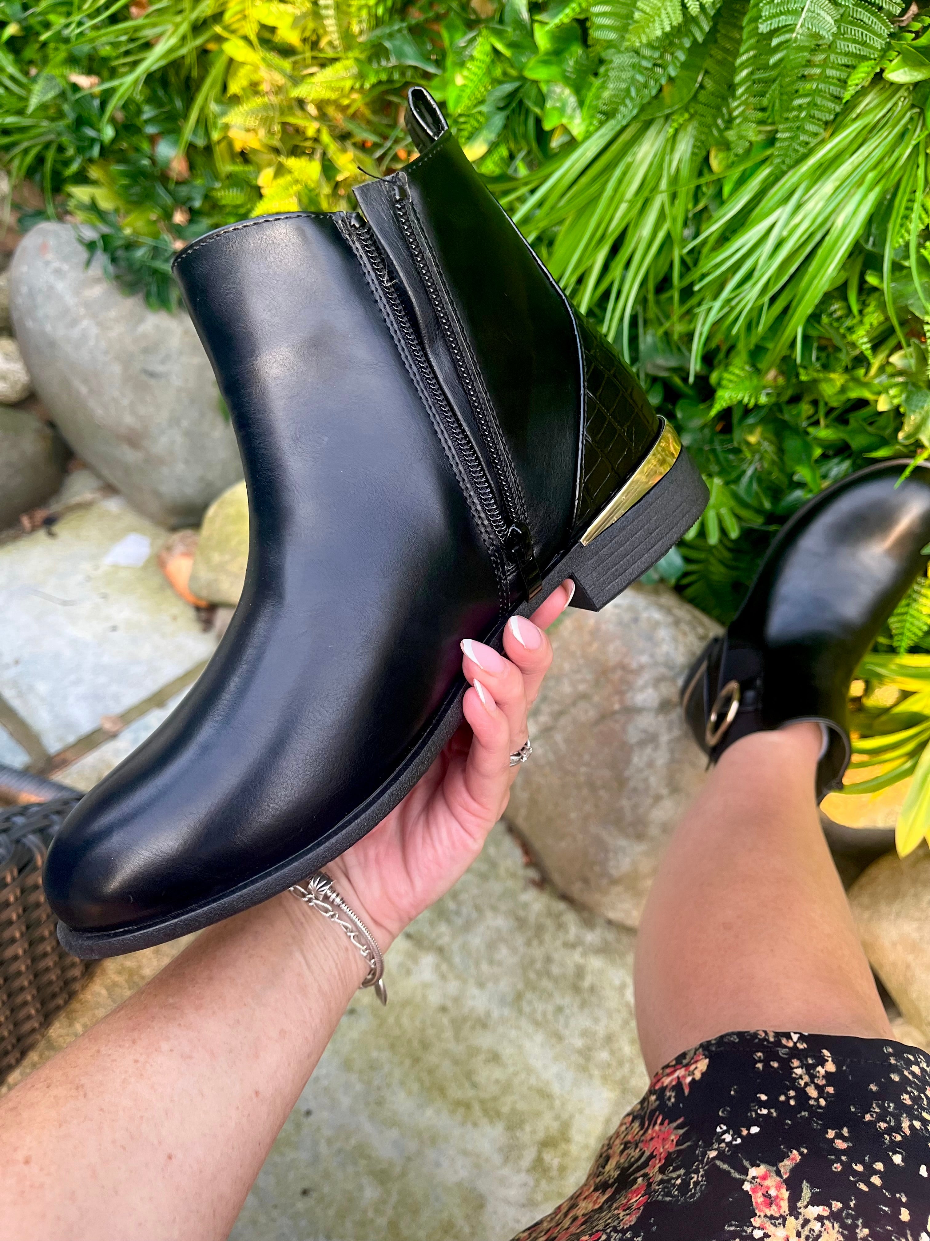 Black gold buckle ankle boots online