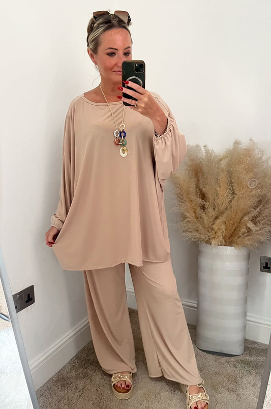 Luxe Oversized Co-Ord Set with Necklace - Nude/ Beige