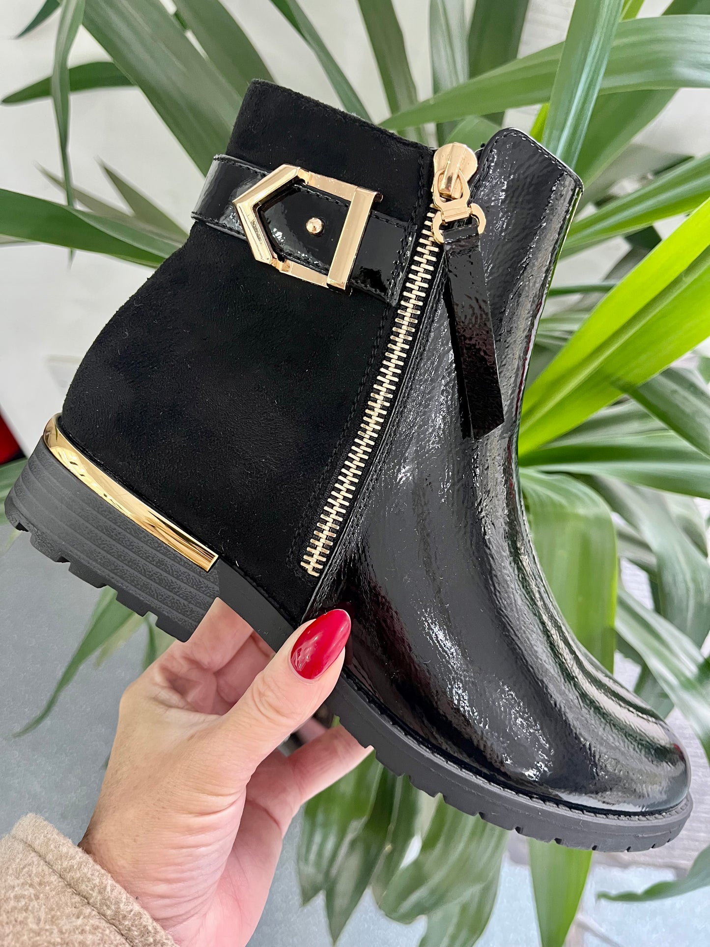 Black Patent Buckle Boots