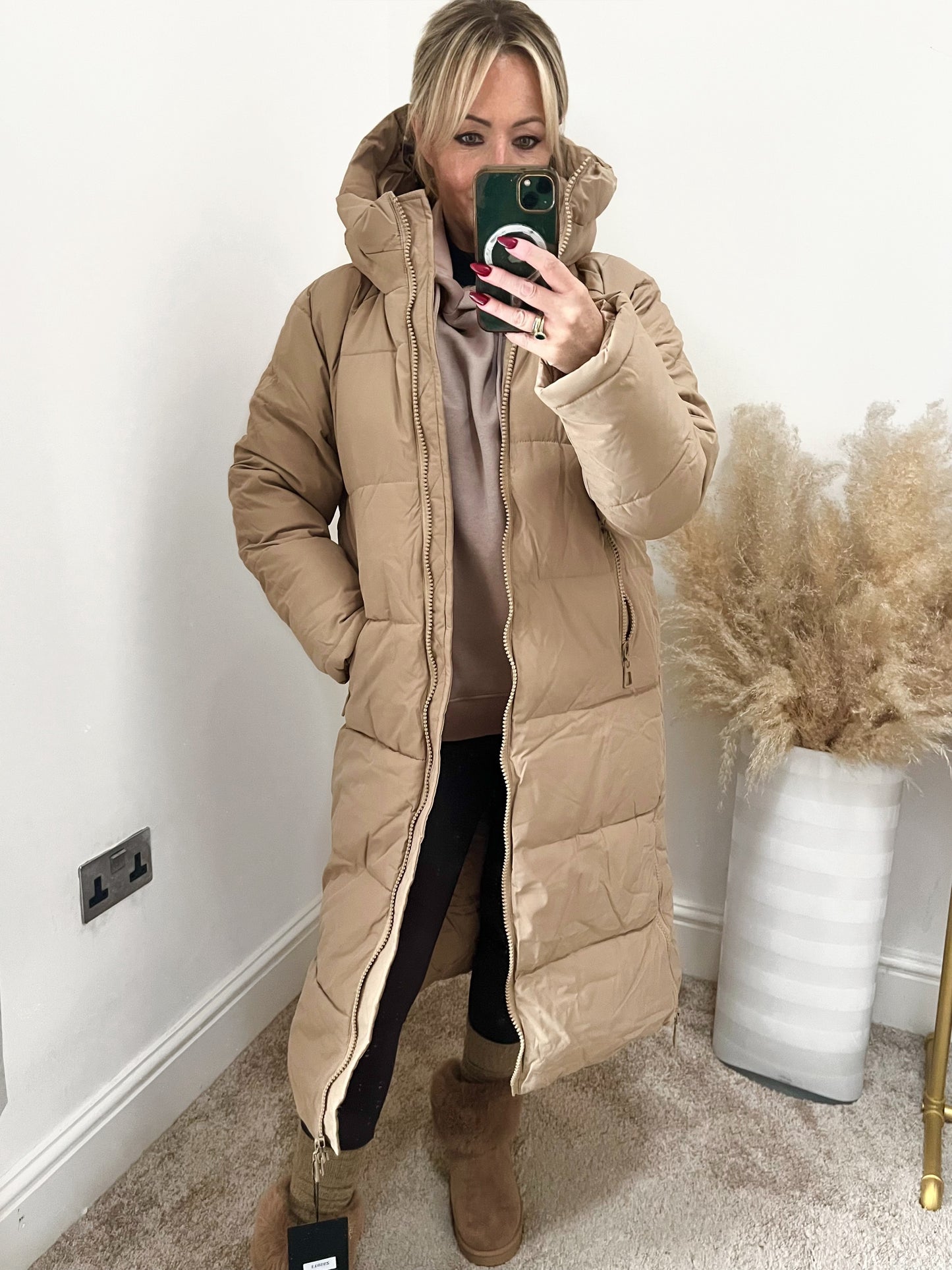 Insulated Quilted Long Coat - Beige