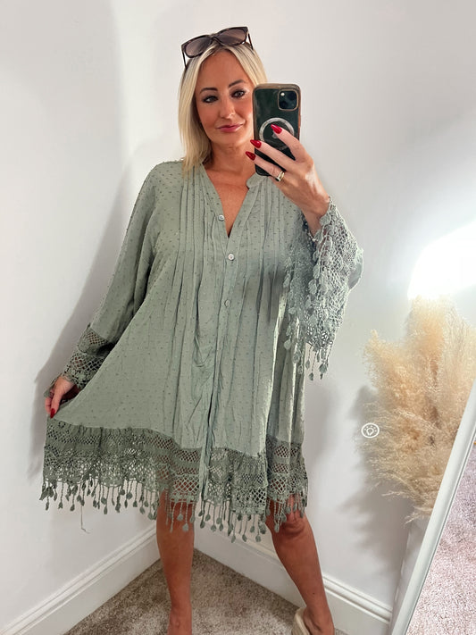 Boho Crochet Kaftan - Sage