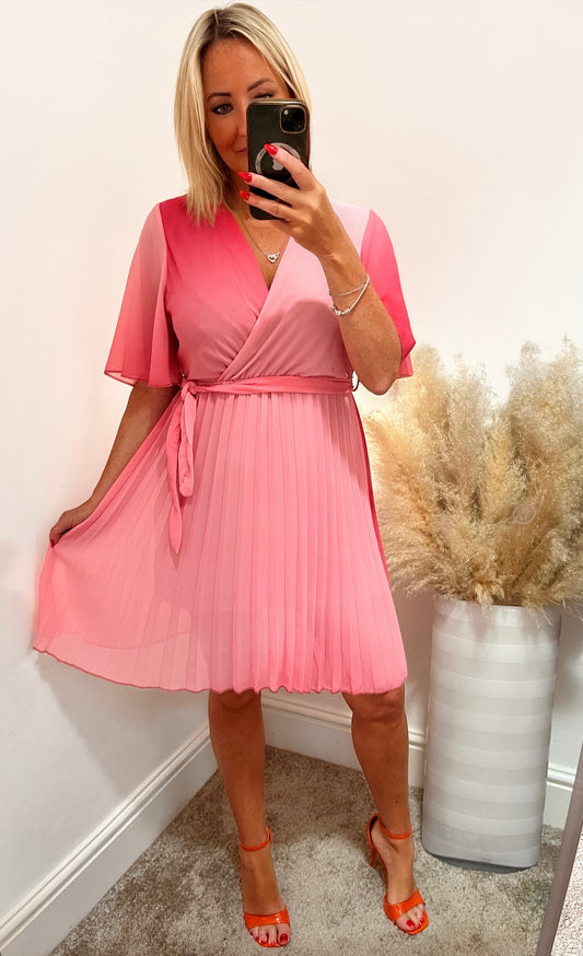 Sunset Ombré Pleated A Line Dress - Pink