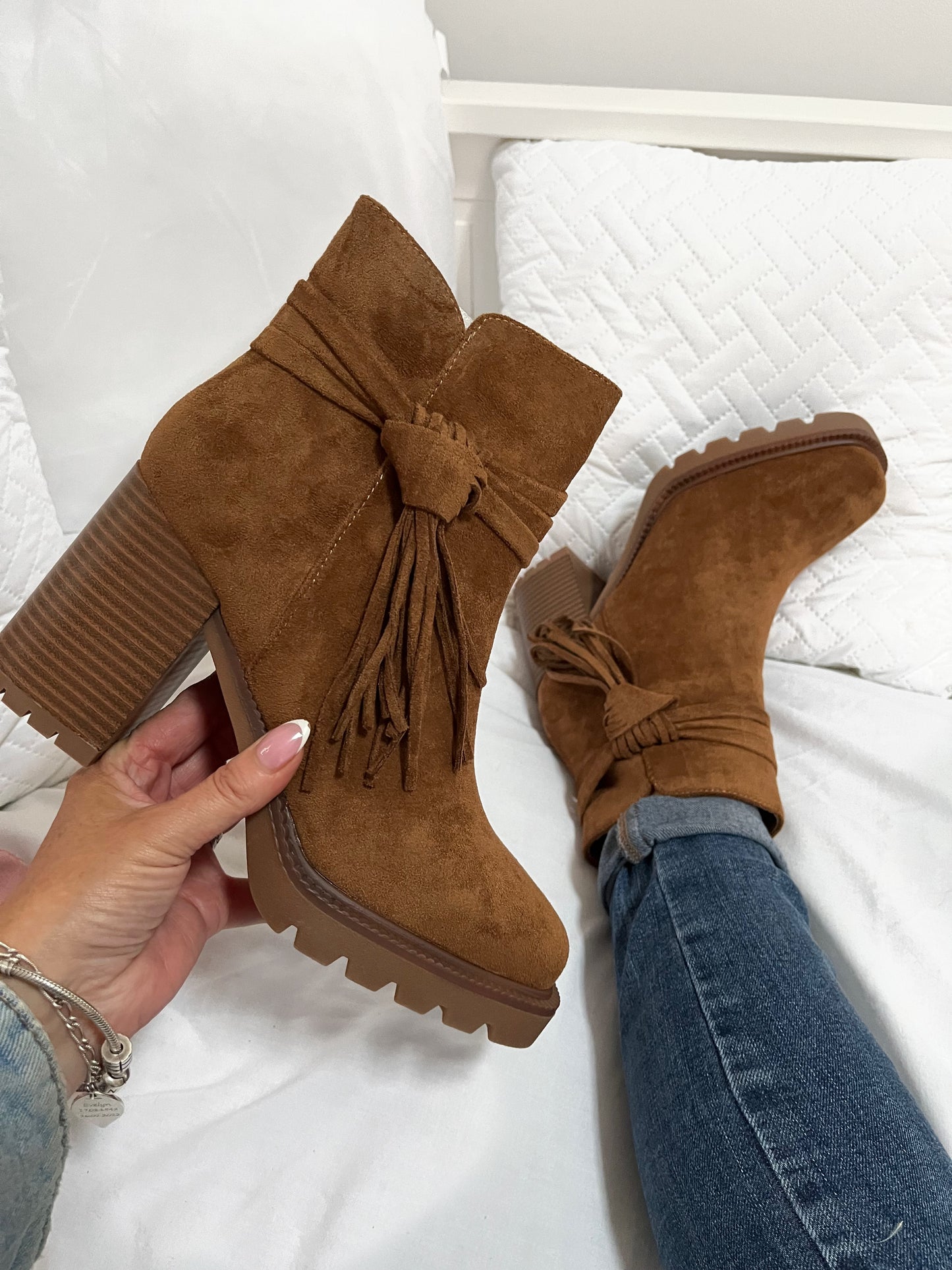 Tassel Chunky Suedette Block Boots - Camel