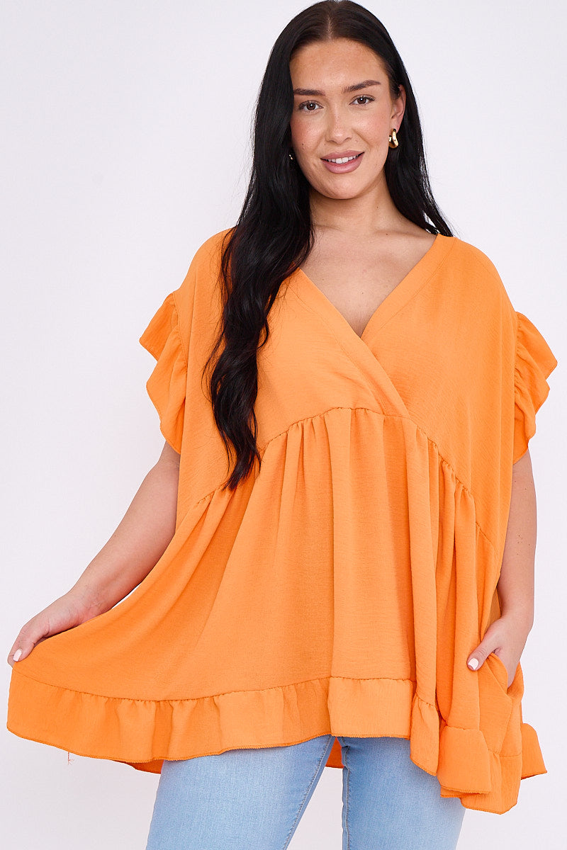 Orange Frill Top with Pockets - Plus Size