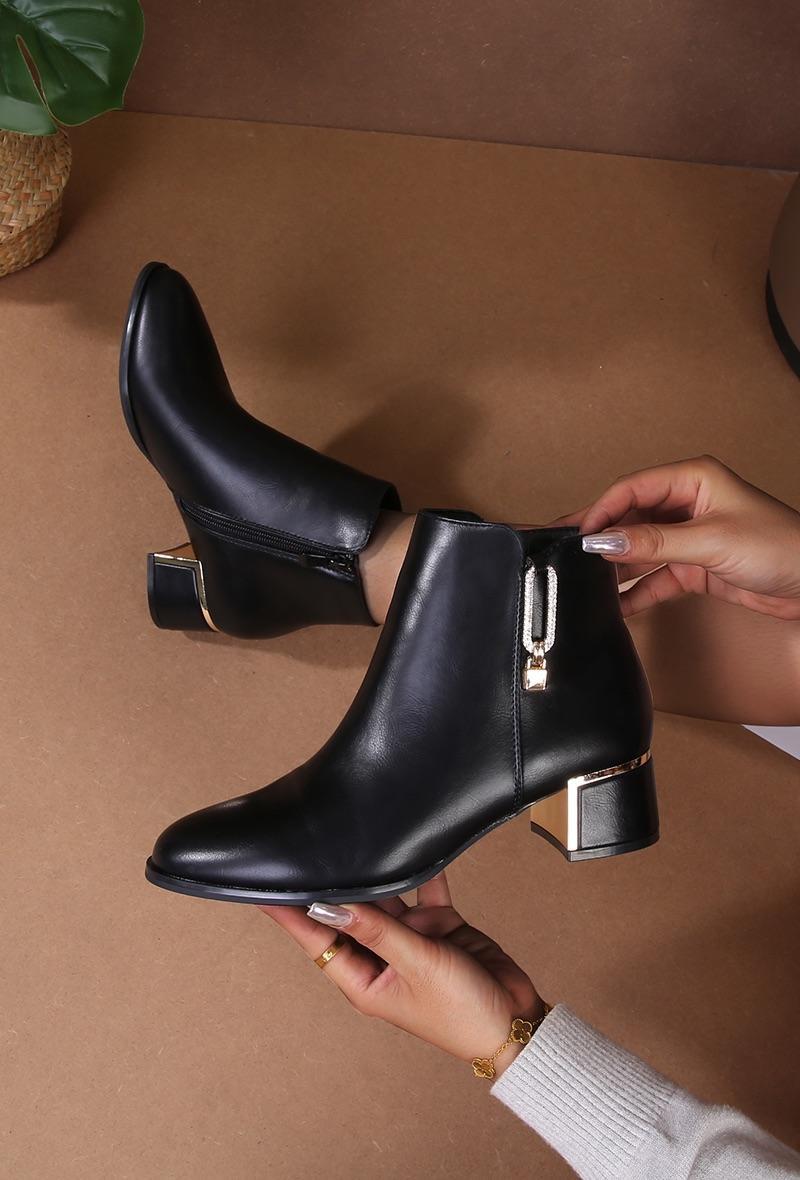 Classic Black Luxury Padlock Diamante Ankle Boots