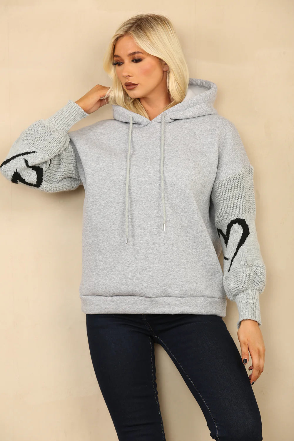 Grey Heart Sleeve Fleeced Hoodie