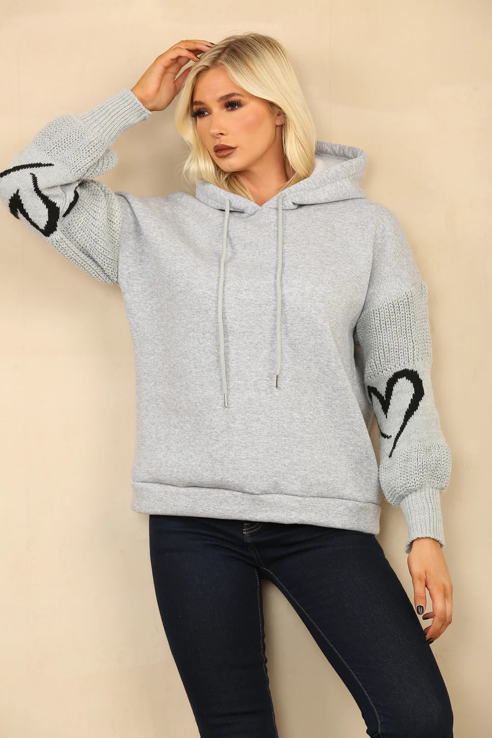 Grey Heart Sleeve Fleeced Hoodie