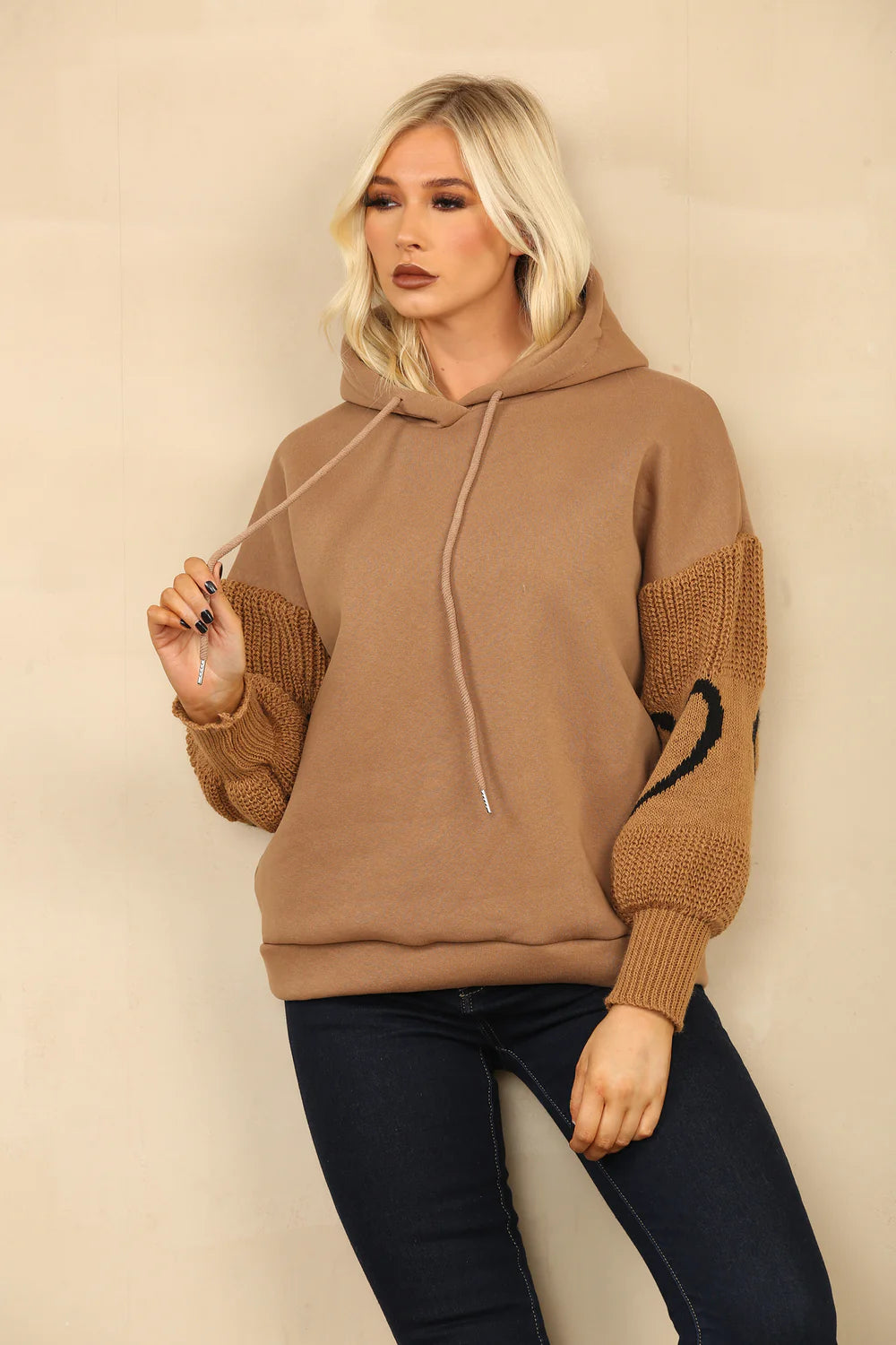 Tan Heart Sleeved Fleeced Hoodie