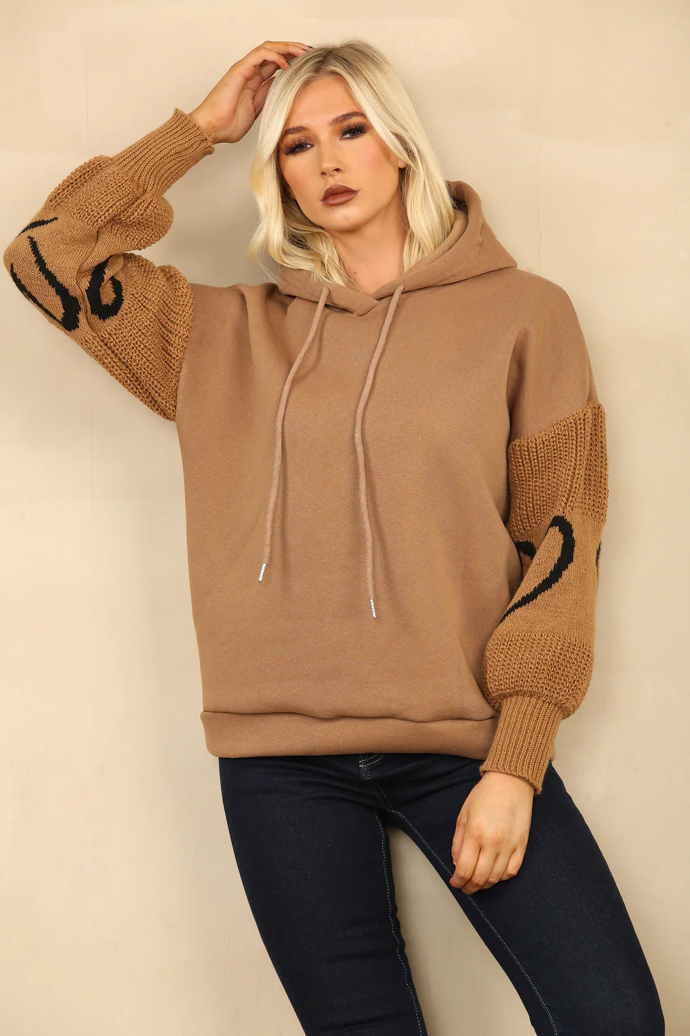 Tan Heart Sleeved Fleeced Hoodie