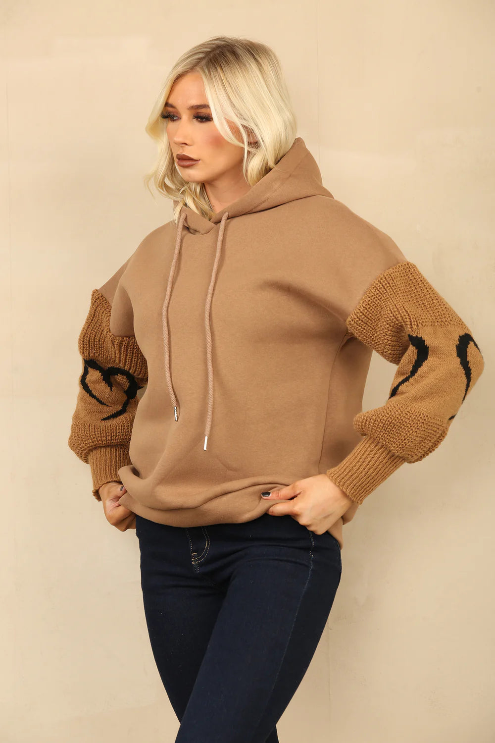 Tan Heart Sleeved Fleeced Hoodie