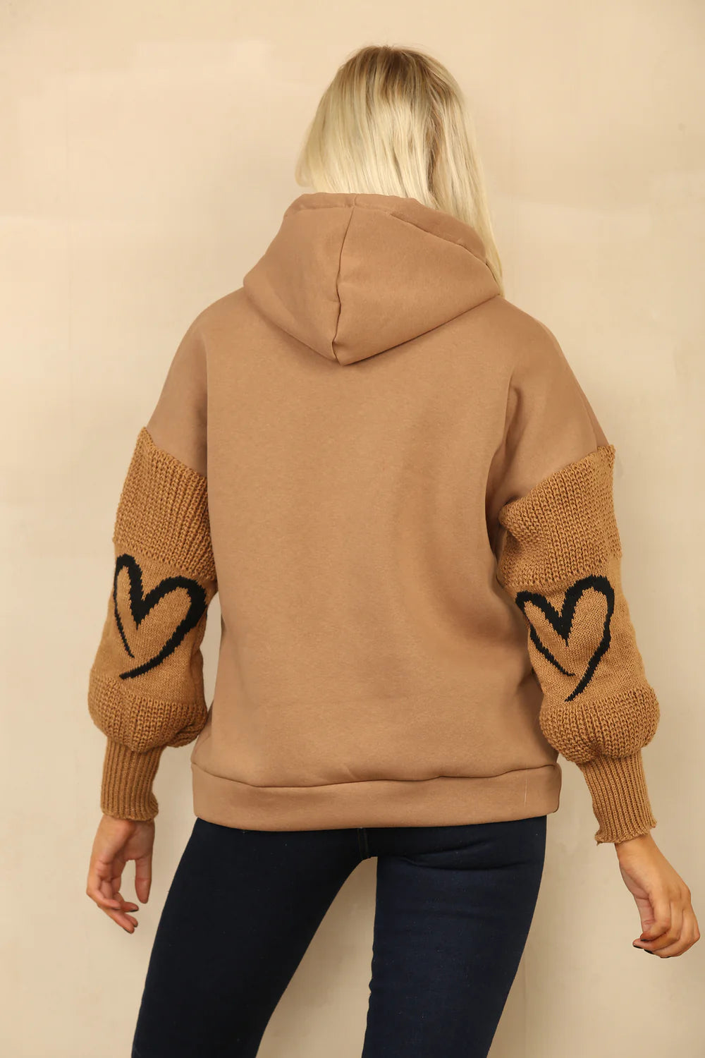 Tan Heart Sleeved Fleeced Hoodie